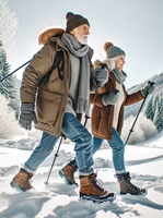 Senior Couple Hiking in Winter with Waterproof Boots & Shoes