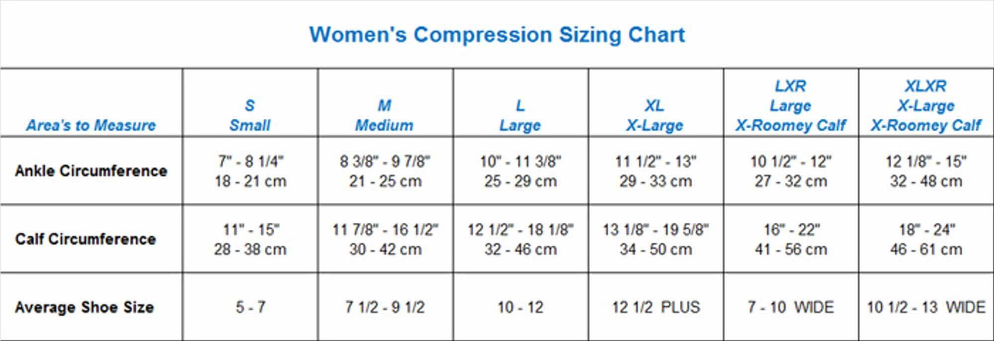 Compression socks for women size chart